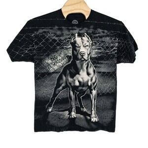 DOM Pit Bull No Trespassing Full Torso Graphic Tee Black T-shirt Dog Warning